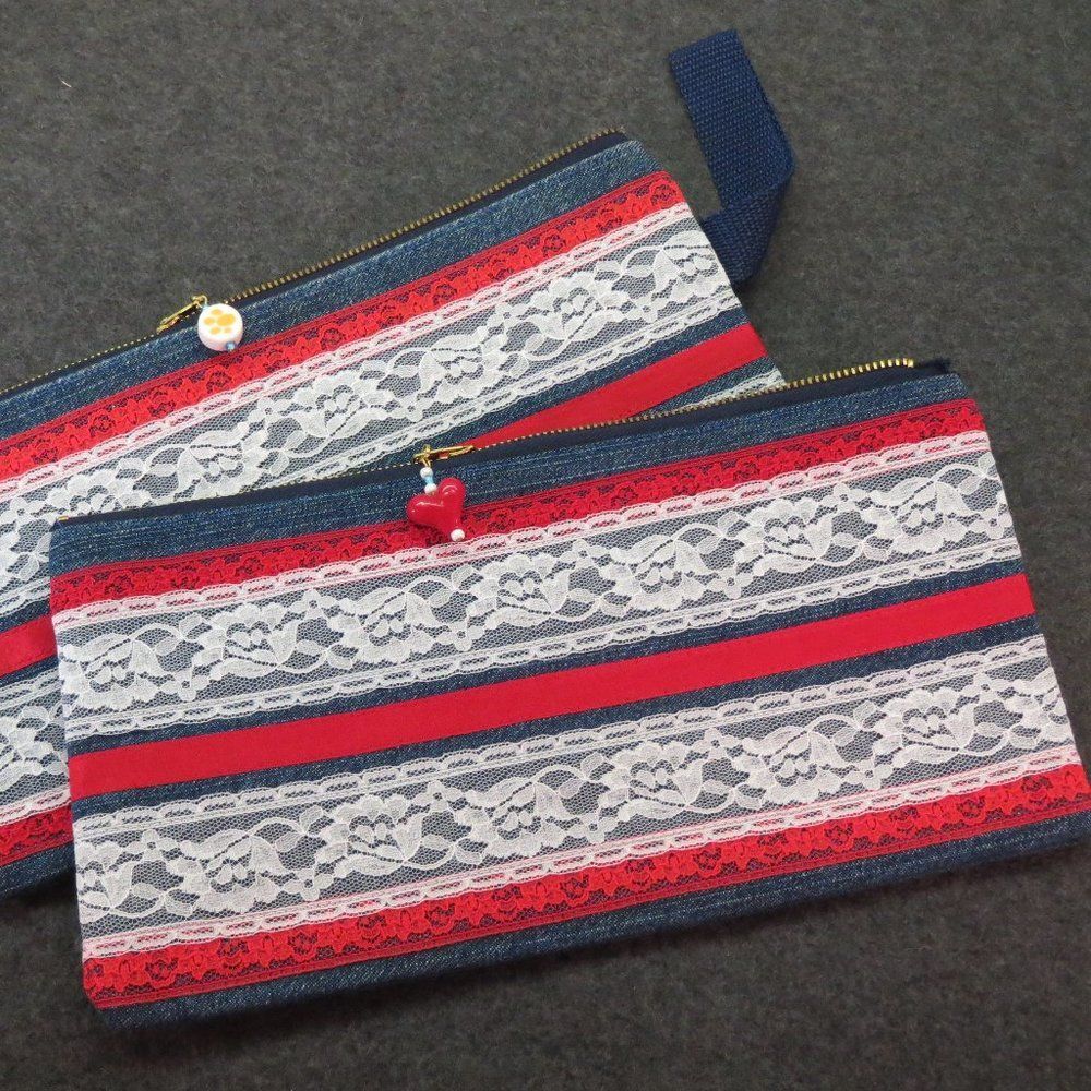 Set of 2 Denim Cosmetic Bags Travel Totes Red White Lace NEW